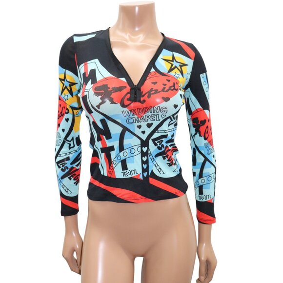 Y2K NOUN PARIS Logo Las VEGAS Cupid Semi-Sheer Mesh Long Sleeve Top S/M - Picture 1 of 8